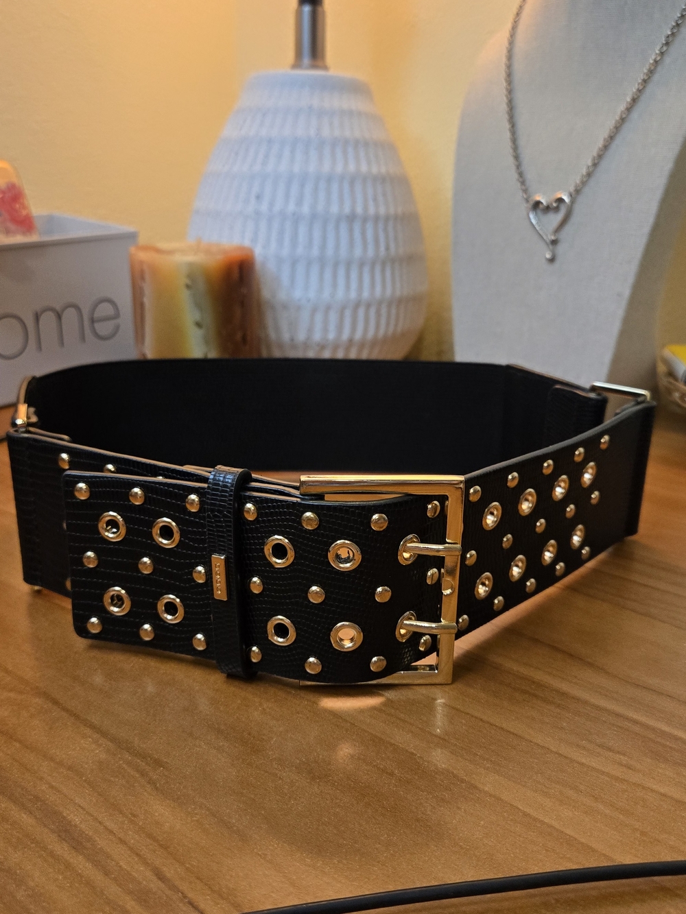 bebe Vintage Y2K Wide Black Elastic Waist Belt with Gold Studs and Buckle One SZ
